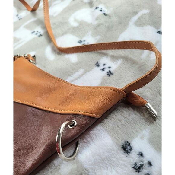Florence Italian Leather asymmetric colorblock two tone brown crossbody NEW - Picture 5 of 11